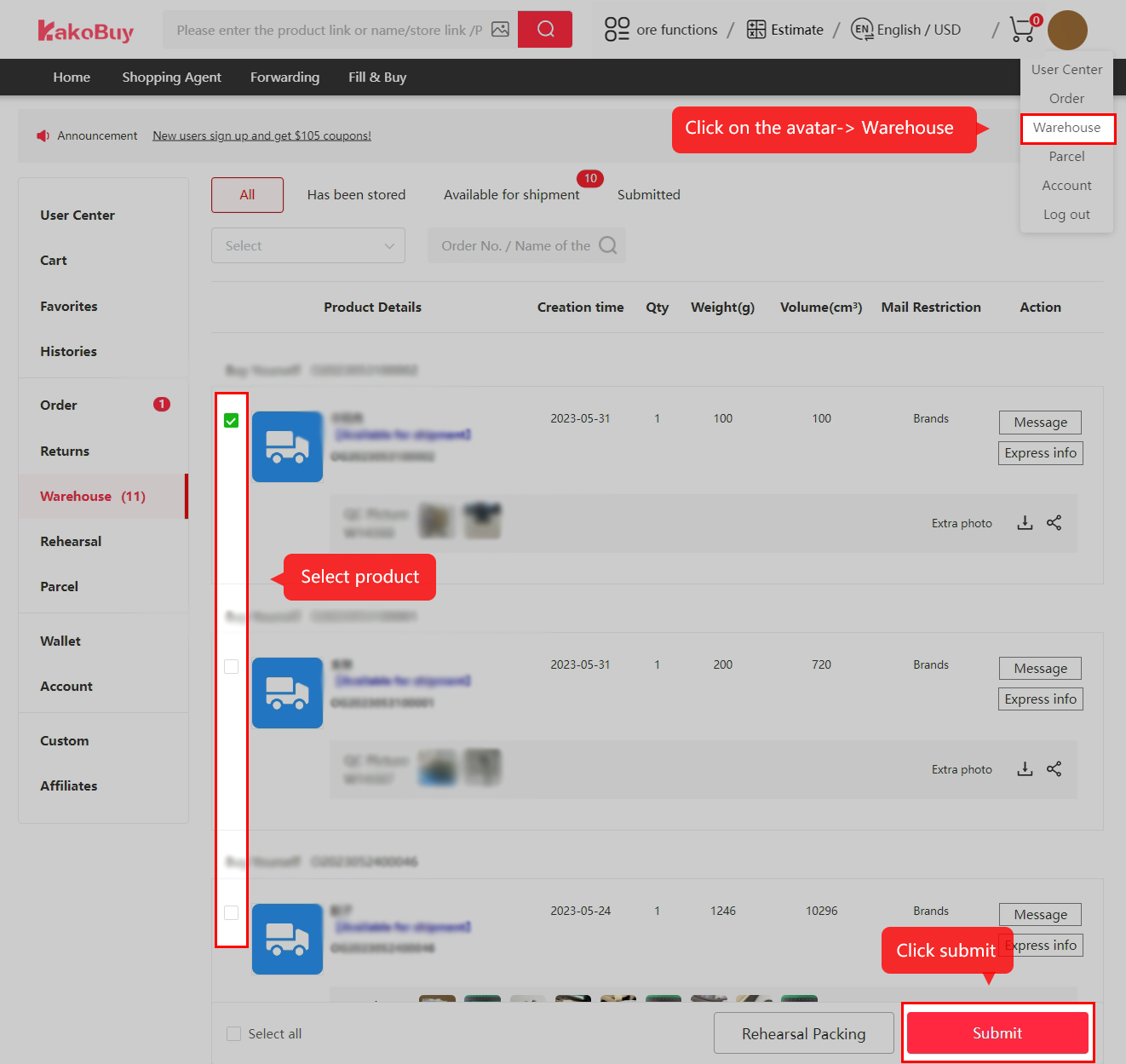 Select the stored items to ship.