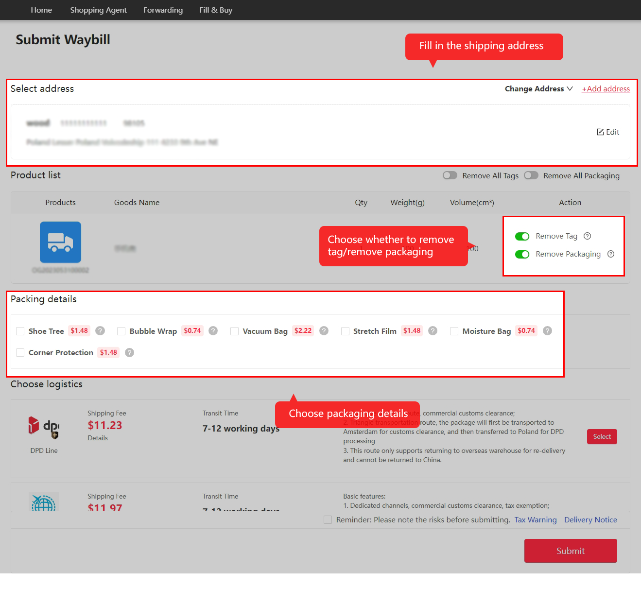 Enter the delivery address and packing requests.