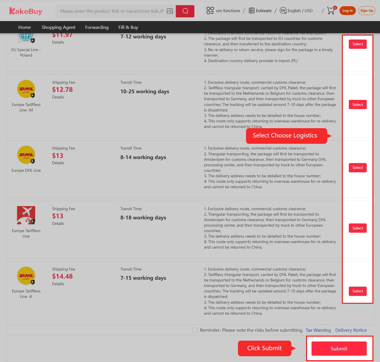 Compare eligible logistics options.