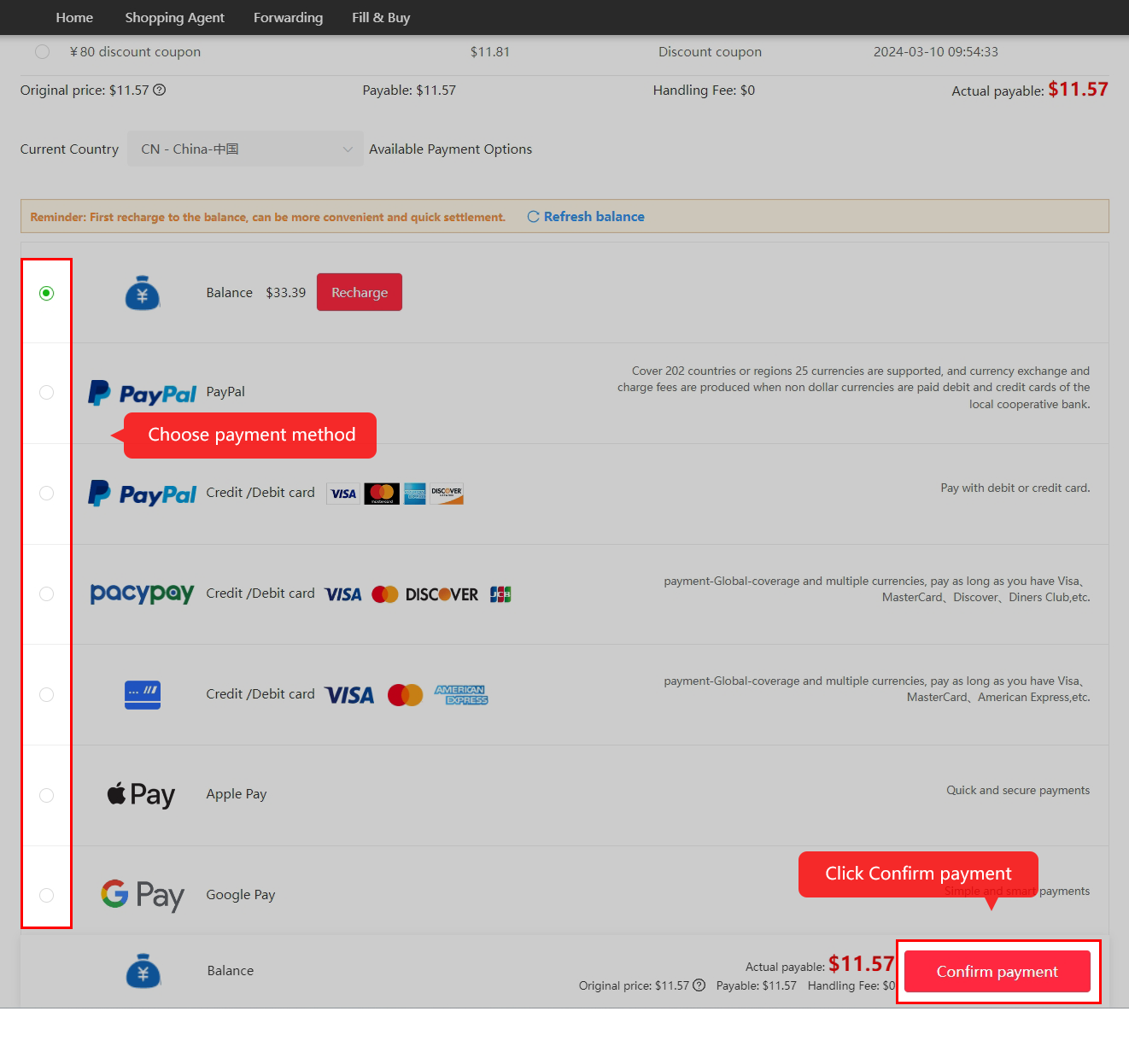 Review the parcel checkout and pay international fees.