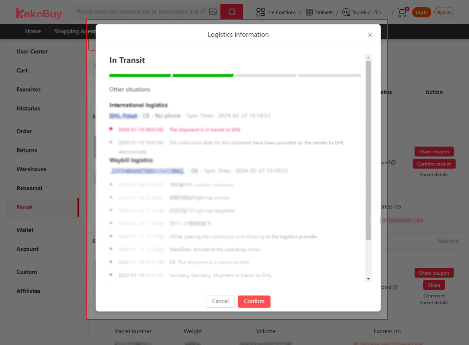 Use the tracking details for the selected route.