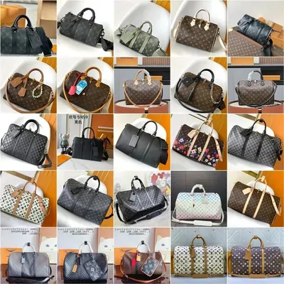 Assorted monogram and leather duffel bags laid out in a grid