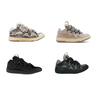 Four chunky padded sneakers in grey, beige and black on a white background