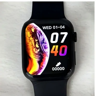 Black smartwatch showing the time and date on a square screen