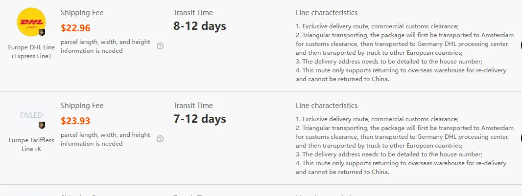 Kakobuy shipping estimator results for Germany showing the Europe DHL Line at 22.96 dollars and a tariffless line at 23.93 dollars