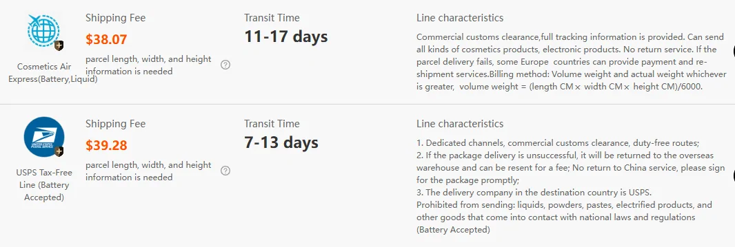 Kakobuy estimator results for the US at 1000 grams: Cosmetics Air Express at 38.07 dollars and USPS Tax-Free Line at 39.28 dollars