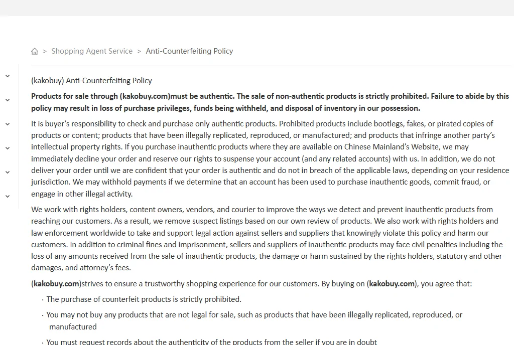 Kakobuy anti-counterfeiting policy stating products must be authentic and the sale of non-authentic products is prohibited