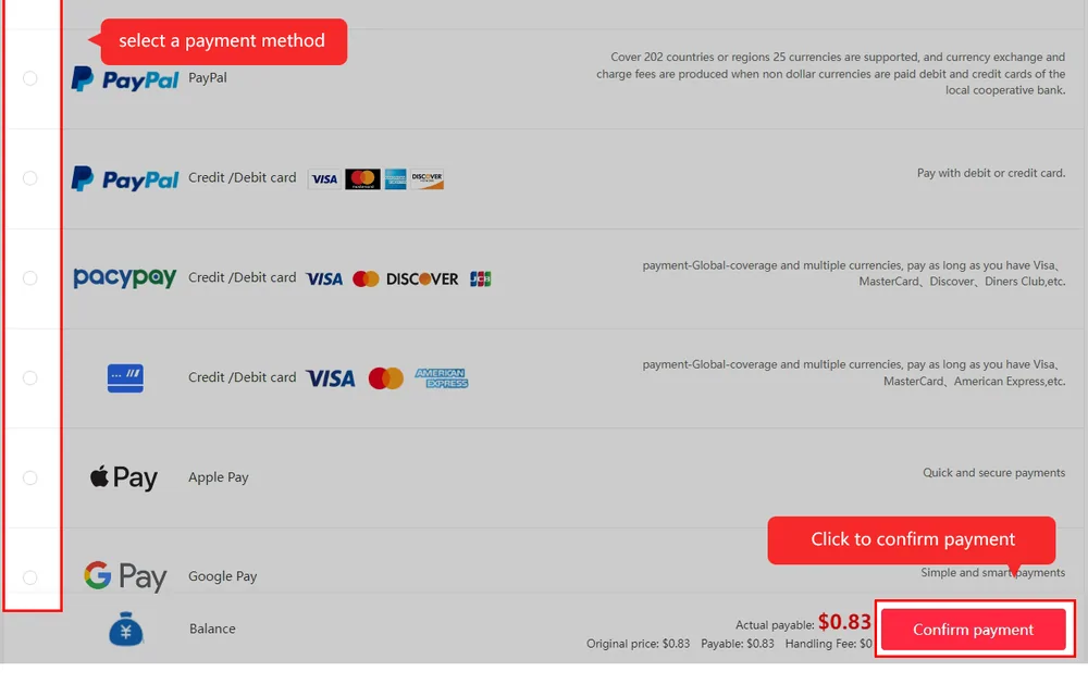 Kakobuy checkout counter listing balance, PayPal, PayPal card, pacypay card, card, Apple Pay and Google Pay options