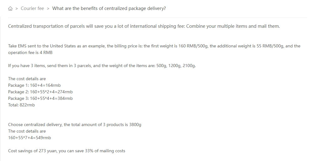 Kakobuy help article showing three parcels costing 822 RMB in total against one 3,800 gram parcel at 549 RMB