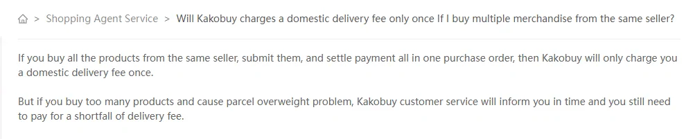 Kakobuy help article saying the domestic delivery fee is charged only once for products from the same seller in one purchase order