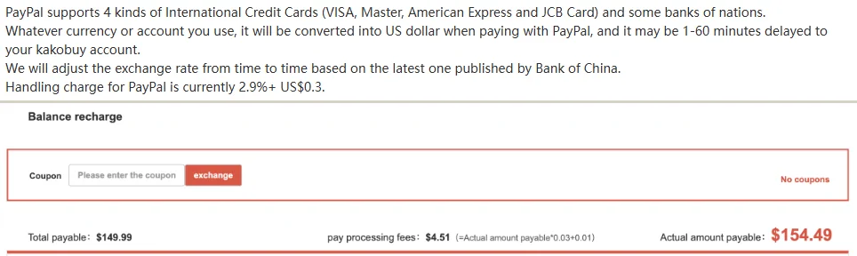 Kakobuy PayPal help article stating a 2.9 percent plus 0.3 dollar charge above a checkout line computing fees as amount times 0.03 plus 0.01