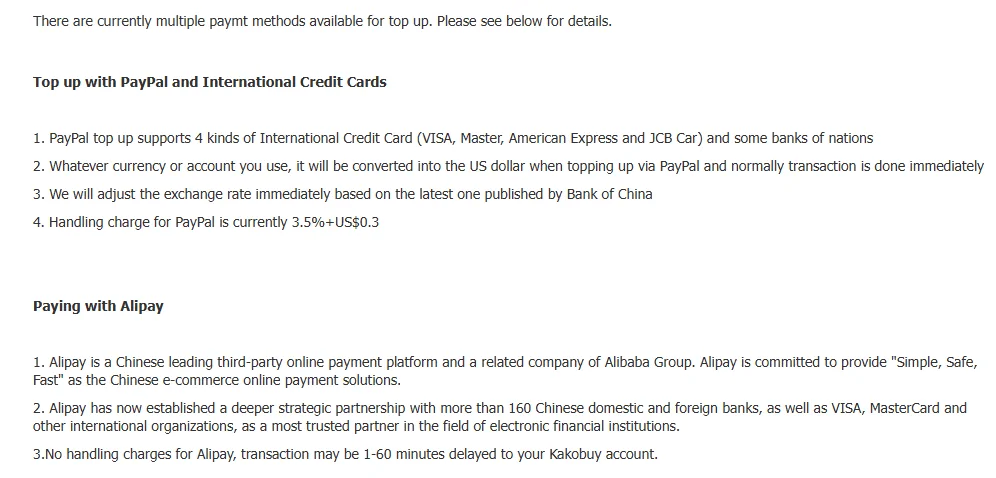 Kakobuy recharge article listing the PayPal handling charge of 3.5 percent plus 0.3 dollars and no handling charge for Alipay