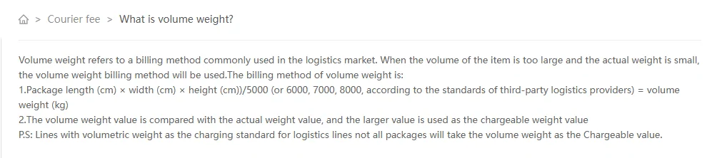 Kakobuy help article defining volume weight as length times width times height divided by 5000 or a carrier divisor