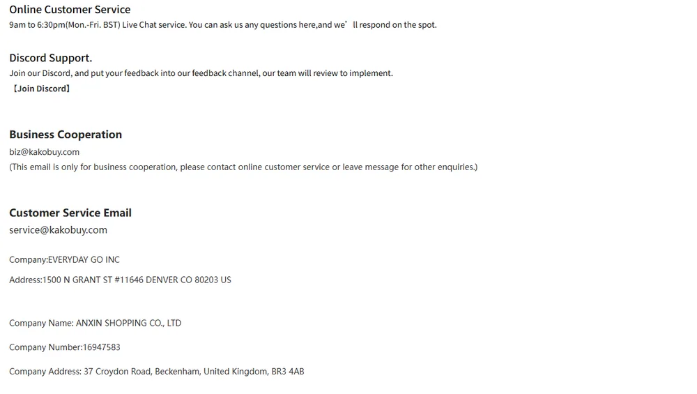 Kakobuy contact page listing online customer service hours, Discord, emails and the two company names and addresses
