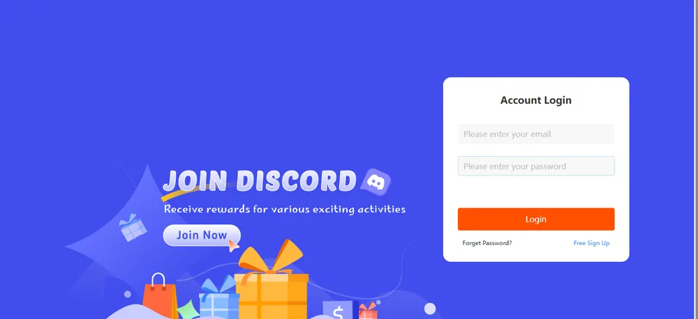 Kakobuy login page with a Join Discord banner offering rewards for activities beside the account login form