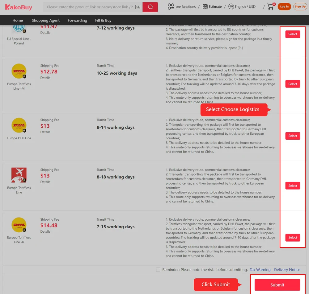 Kakobuy logistics selection for a Poland address listing several European lines with prices and working-day ranges