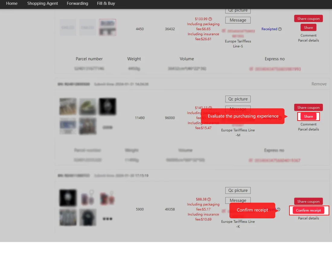 Kakobuy parcel list showing parcel weights, volumes, totals including packaging and insurance fees, and line names