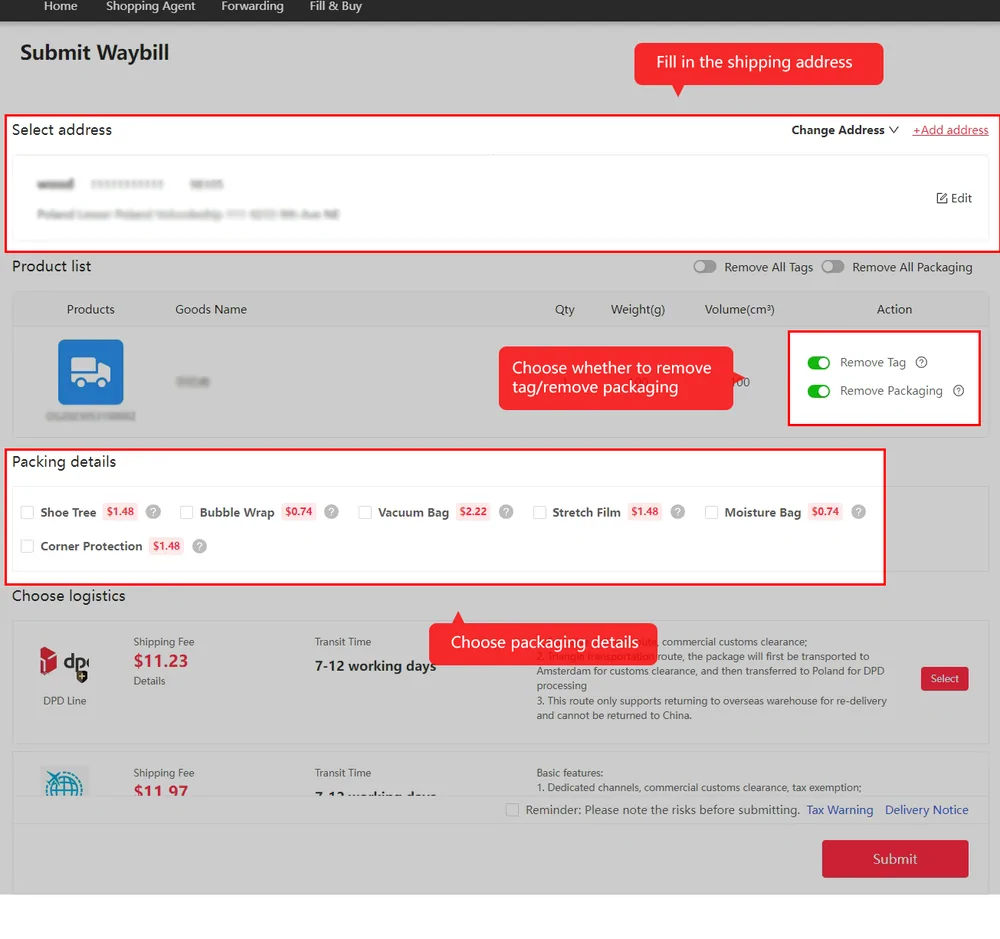 Kakobuy submit waybill form with remove tag and remove packaging toggles, packing add-ons and a logistics choice