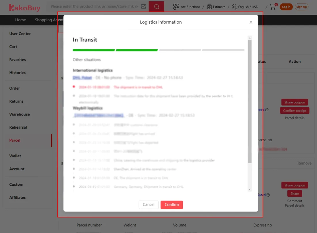 Kakobuy logistics information modal showing an in-transit parcel with international and waybill tracking events