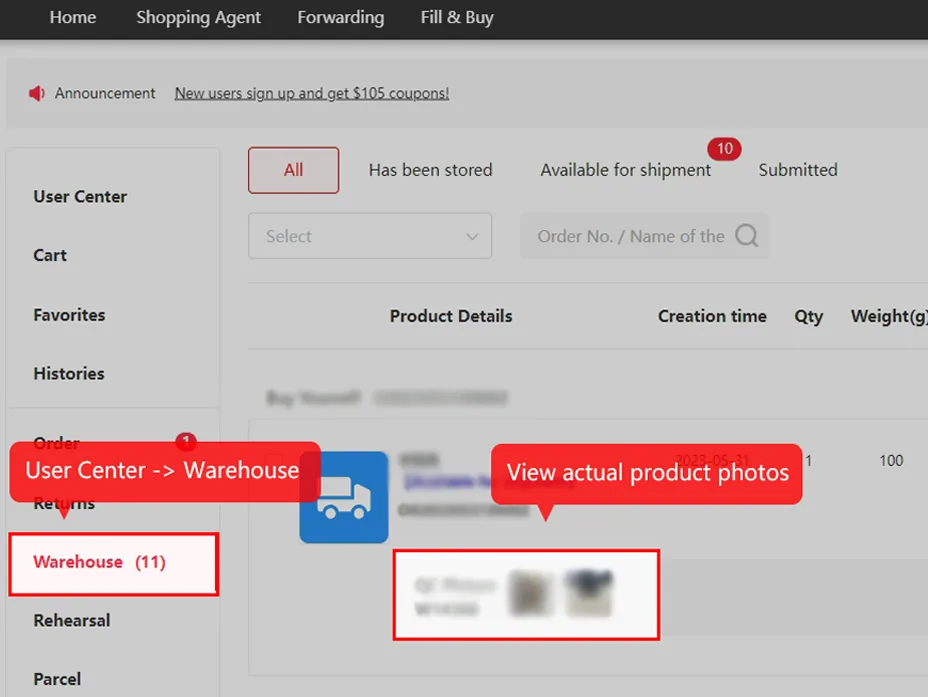 Kakobuy user center warehouse view with the QC picture thumbnails highlighted for a stored item